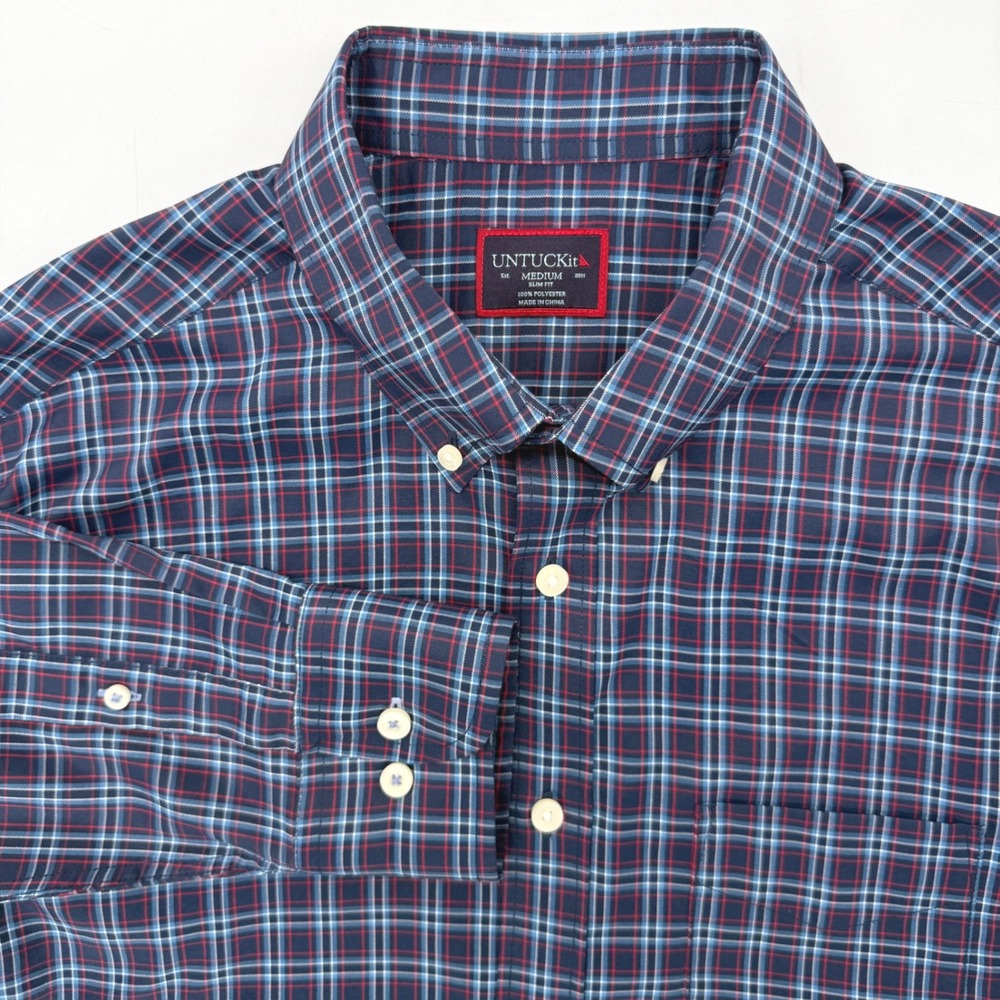 UNTUCKit Button Down Shirt Men Medium Blue Red Plaid Slim Fit Long Sleeve Casual